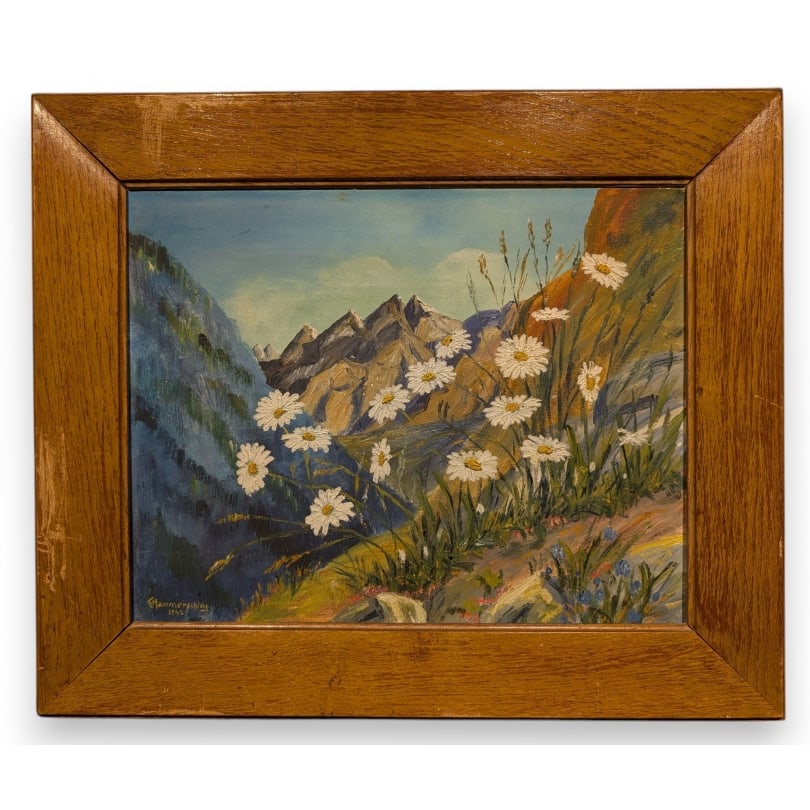 Swiss Painting "Daisies" signed HAMMERSCHLAG: Oil on canvas "Daisies in the Alps" signed C. HAMMERSCHLAG 1942Origin: SwitzerlandPeriod: 20th centuryMaterials: Oil on canvasDimensions: Ht 35 x 45 cm.Frame dimensions: Ht 50 x 60 cm.