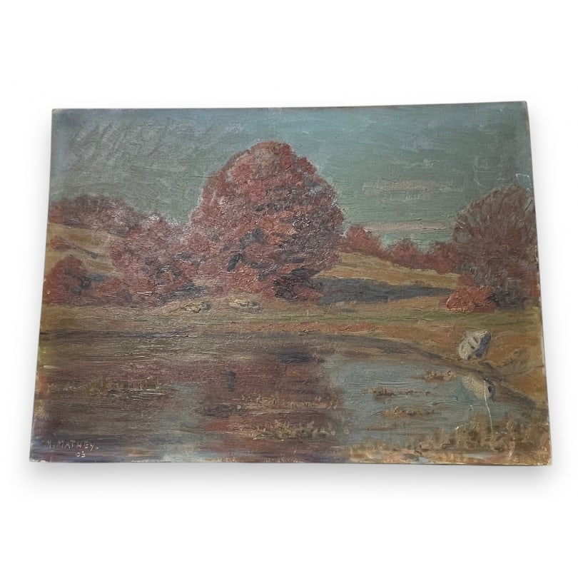 Antique Painting "Landscape of Salève" signed M. MATHEY: Oil on cardboard "Landscape of Salève" signed M. MATHEY 03 (Maurice 1878-1975)November 12, 1903Origin: SwitzerlandPeriod: Early 20th centuryMaterials: Oil on cardboardDimensions: Ht 27 x 37 cm
