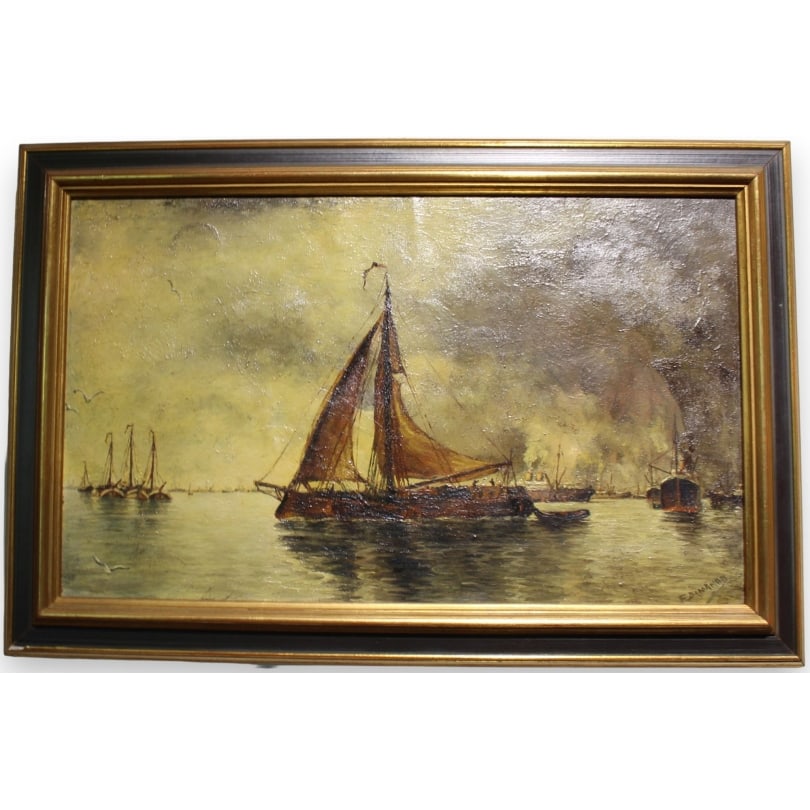 German Painting "Boats in a Port" signed F. BROCKMAN: Oil on canvas mounted on board, "Boats in a Port", signed F. BROCKMANOrigin: GermanyPeriod: 20th centuryMaterials: Oil on canvas mountedDimensions: Ht 29 x 48 cm.Frame dimensions: Ht 38 x 58 cm.