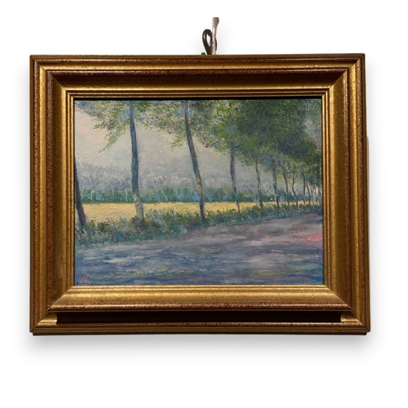 Swiss Painting "Path" signed HV: Oil on Pavatex "Path" signed HVOrigin: SwitzerlandPeriod: 20th centuryMaterials: Oil on panelDimensions: Ht 33 x 41 cm