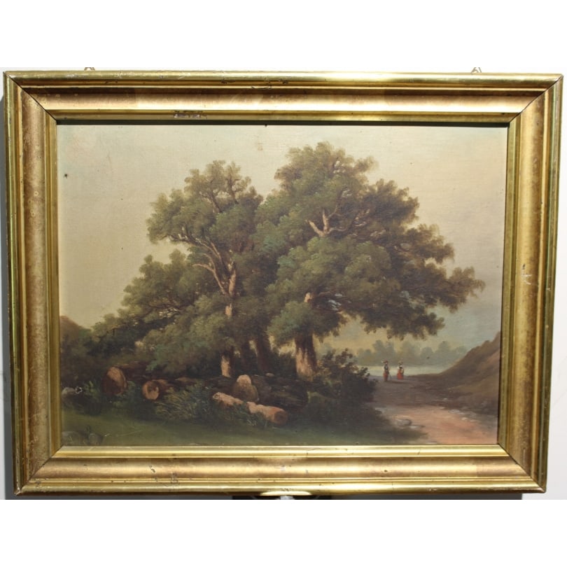 19th century Swiss Painting "Riverbank": Oil on cardboard "Riverbank", unsignedOrigin: SwitzerlandPeriod: 19th centuryMaterials: Oil on cardboardDimensions: Ht 24 x 33 cmFrame dimensions: Ht 31 x 40 cm