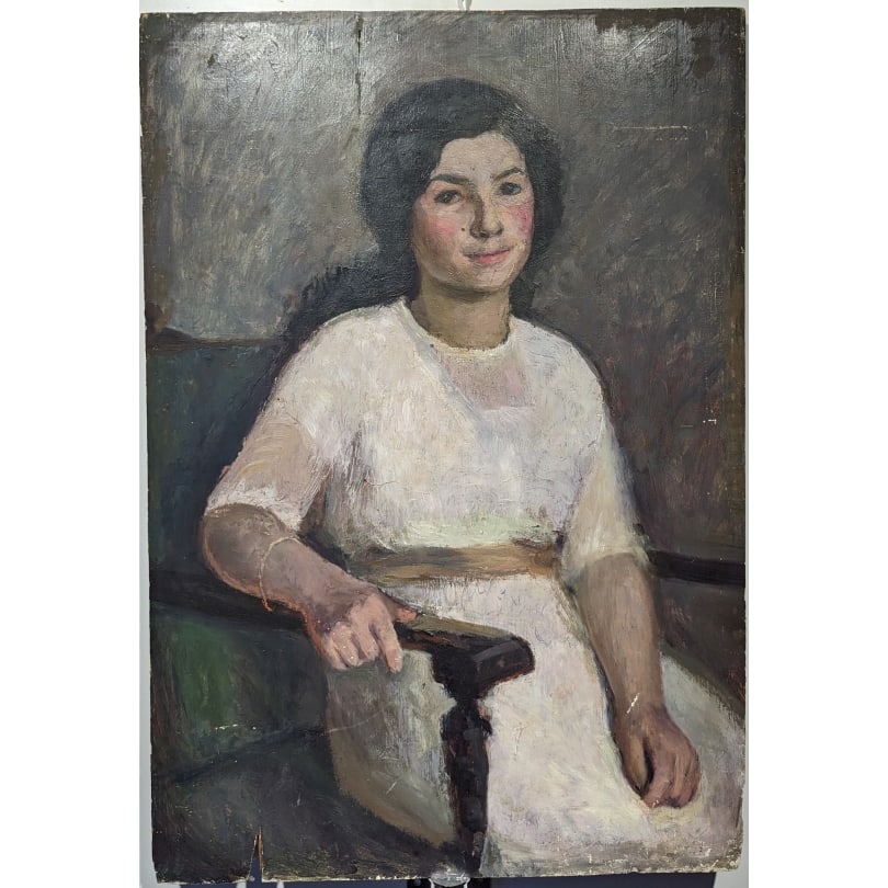 Antique Portrait painting "Young Girl" signed JM FREY: Oil on wood portrait "Young girl" signed JM FREY 1915 (Jeanne Marguerite -SURBEK 1886-1980)Origin: SwitzerlandPeriod: 20th centuryMaterials: Oil on woodDimensions: Ht 78 x 53.5 cm