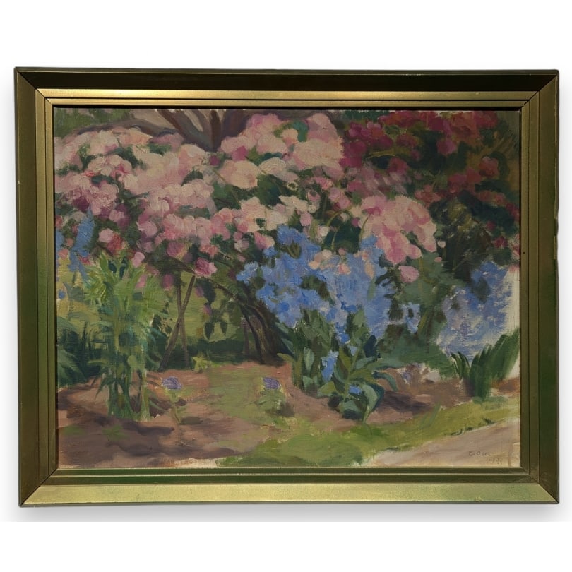 Swiss Painting "Platebande" signed E. OSER 1931: Oil on canvas "Plateband" signed E. OSER 1931 (Elisabeth 1888-1982)Origin: SwitzerlandPeriod: 20th centuryMaterials: Oil on canvasDimensions: Ht 42 x 54 cmFrame dimensions: Ht 52 x 63 cm
