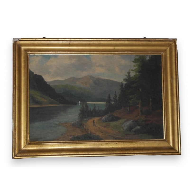 Swiss Oil on canvas "Lake" unsigned: Oil on canvas "Lake" unsignedOrigin: SwitzerlandPeriod: 20th centuryMaterials: Oil on canvasDimensions: Ht 55 x 78 cm