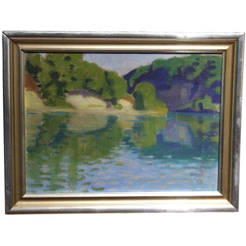 French Oil on canvas "Riverbank": Oil on canvas "Riverbank" attributed to Paul THEVENAZ (1891-1921)Origin: FrancePeriod: 20th centuryMaterials: Oil on canvasDimensions: Ht 30 x 39 cm