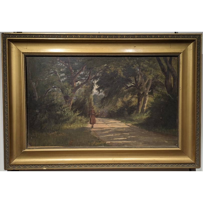 19th century Painting "Walking Girl" attributed to POTTER: Oil on canvas mounted on wood "Walking Girl" attributed to POTTER (Adolphe 1835-1911)Origin: SwitzerlandPeriod: 19th centuryMaterials: Oil on canvas mountedDimensions: Ht 37 x 61 cmFrame dimensions: H