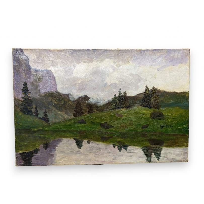 Swiss Painting “Alpe de Barmaz” signed L BEGUIN: Oil on canvas "Alpe de Barmaz sur Champéry, Mountain lake in the rain" signed L BEGUIN (Louise)Origin: SwitzerlandPeriod: Late 19th centuryMaterials: Oil on canvasDimensions: Ht 27 x 41 cm