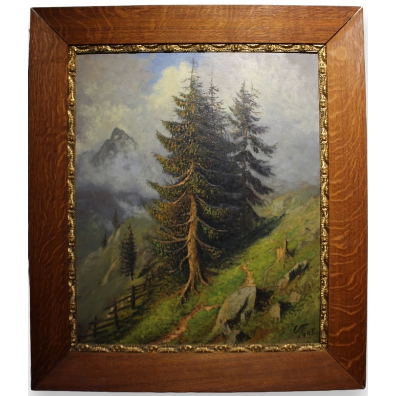 Swiss Painting "Frutigen" signed E. FREI 1945: Oil on pavatex "Tannen am aufsteig zum Steinschlaghorn bei Frutigen" monogrammed EF 1945 (Emil FREI 1882-1955)Origin: SwitzerlandPeriod: 20th centuryMaterials: Oil on panelDimensions: Ht 54 x 45 cmFra