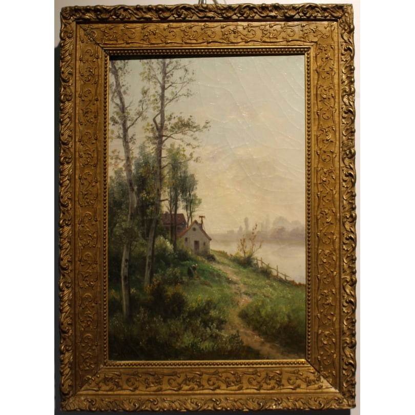 French Painting "Countryside view" signed GODCHAUX: Oil on canvas "Countryside View" signed GODCHAUXOrigin: FrancePeriod: 19th centuryMaterials: Oil on canvasDimensions: Ht 40 x 26 cmFrame dimensions: Ht 53 x 38 cm