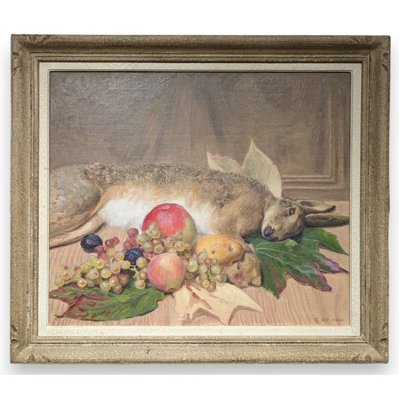 Swiss Painting "Hare" signed G. DP. 1942: Oil on canvas Still Life with Hare signed G. DP. 1942 (Gustave DU PASQUIER 1876-1954)Origin: SwitzerlandPeriod: 20th centuryMaterials: Oil on canvasDimensions: Ht 45 x 54 cmFrame dimensions: Ht 57 x 6