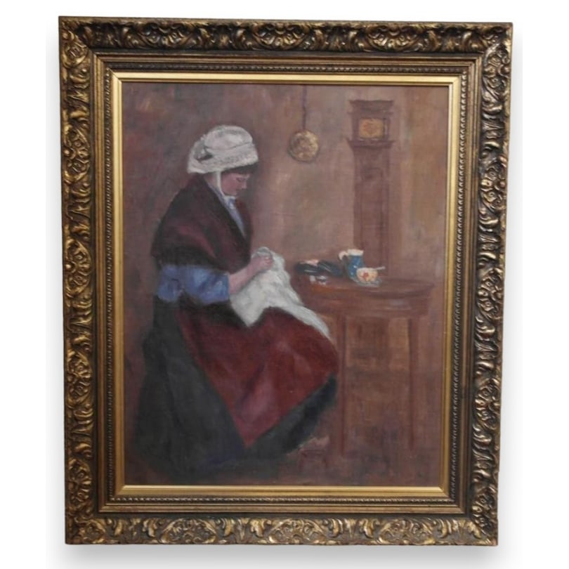 19th century Oil on canvas "Woman Embroidering" signed (1 of 1)
