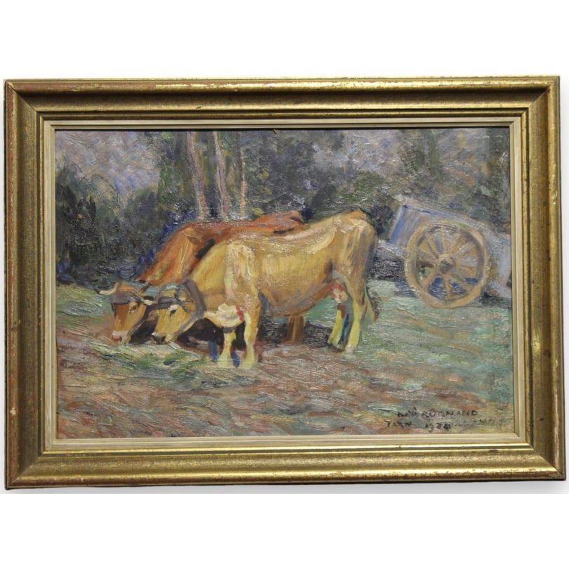 Swiss Painting "Horse Carriage" signed David BURNAND 1924: Oil on wood "Horsecart of cows in the Tarn" signed David BURNAND 1924David Arnold BURNAND (1888-1975)Origin: SwitzerlandPeriod: 20th centuryMaterials: Oil on woodDimensions: Ht 23 x 34 cmFrame dimensi