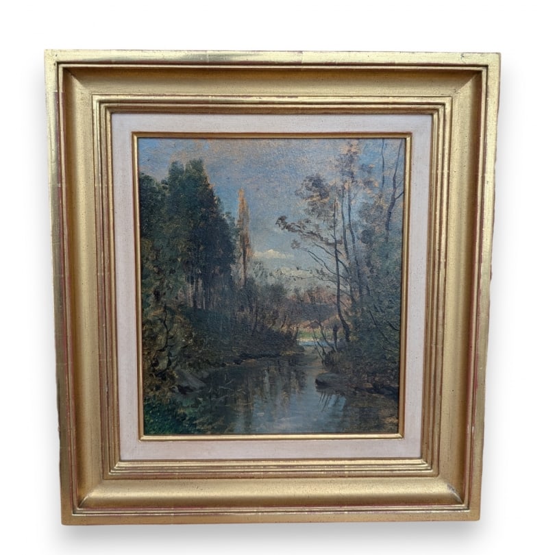 Swiss 19th century Painting “Rhone Valley” attributed to CASTAN: Oil on cardboard "Rhône Valley" formerly attributed to CASTAN on the backOrigin: SwitzerlandPeriod: 19th centuryMaterials: Oil on cardboardDimensions: Ht 33 x 27 cmFrame dimensions: Ht 49 x 44 cm