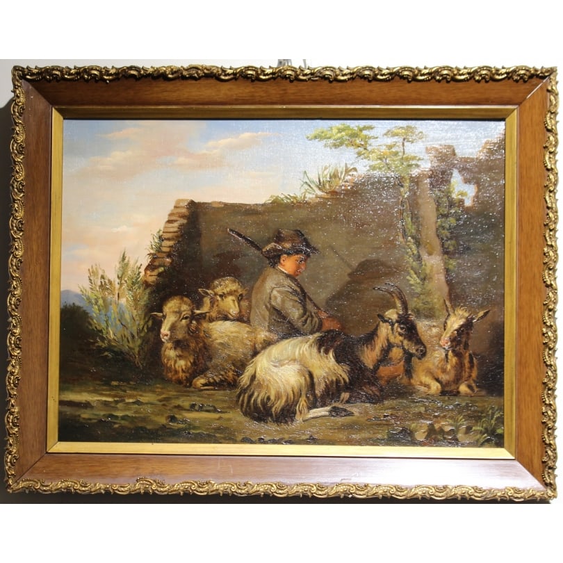 Swiss 19th century Painting "Shepherd and Goats": Oil on canvas "Shepherd and Goats"Origin: SwitzerlandPeriod: 19th centuryMaterials: Oil on canvasDimensions: Ht 33 x 45 cmFrame dimensions: Ht 45 x 55 cm