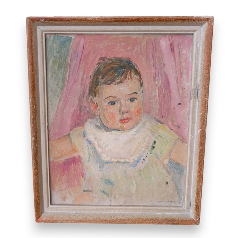 Antique Swiss Painting "Baby" signed Maurice MATHEY 1928: Oil on cardboard "Baby" signed Maurice MATHEY 1928 (1878-1975)Origin: SwitzerlandPeriod: 20th centuryMaterials: Oil on cardboardDimensions: Ht 40 x 31 cmFrame dimensions: Ht 47 x 38 cm
