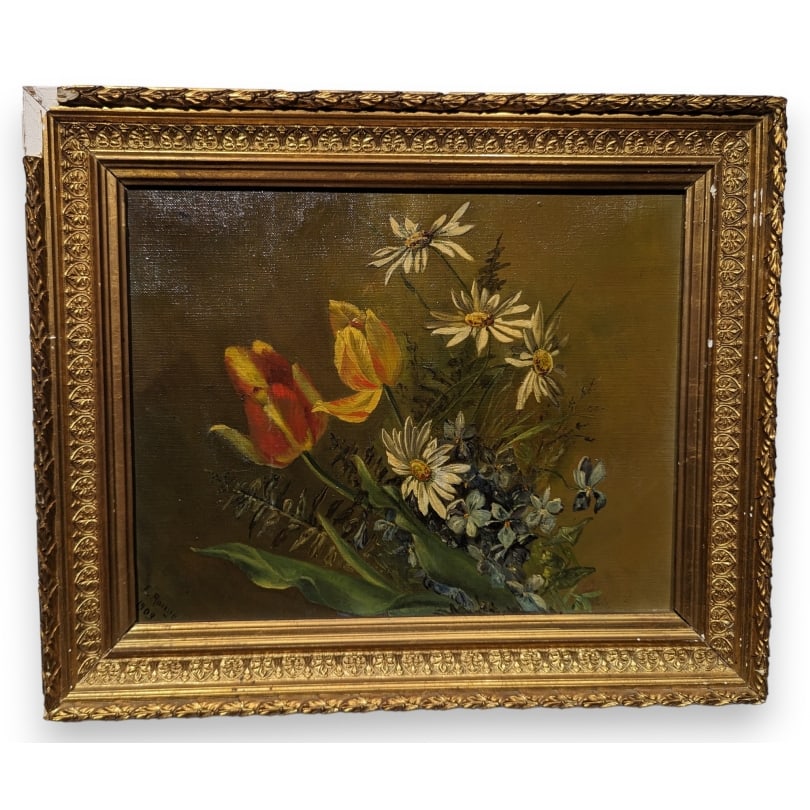 Antique Swiss Painting "Bouquet of Flowers" signed F. ROUGE (1 of 3)