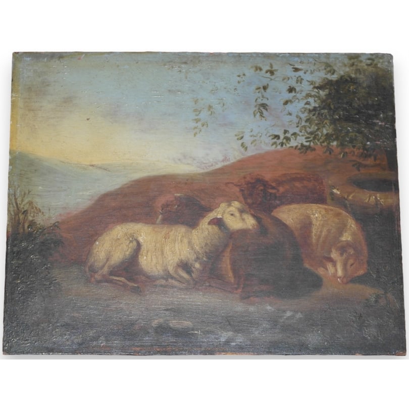 French Oil on panel "Sheep", unsigned: Oil on panel "Sheep", unsignedOrigin: FrancePeriod: 19th centuryMaterials: Oil on panelDimensions: Ht 22 x 20 cm
