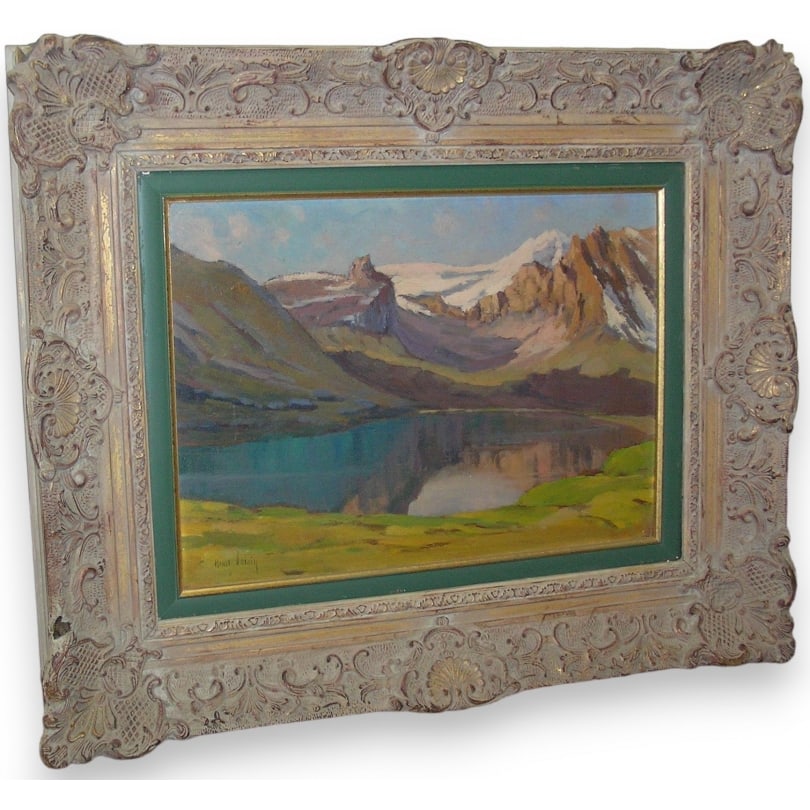 French Oil painting on panel "View of the Alps": Oil painting on panel "View of the Alps", signed lower left Henri VOISIN. France. 20th century.Signed lower left Henri VOISIN (Henri Léon, 1861-1945).Dimensions of the oil: Ht 38cm x 50.5cm.Origin: F