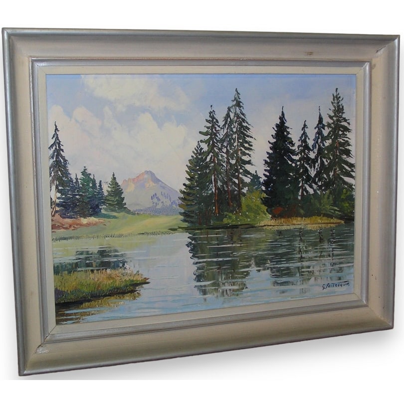 Painting "Les Paccots" signed G. PEITREQUIN: Oil painting on canvas "Les Paccots, Lac des Joncs", signed G. PEITREQUIN. Switzerland. 20th century.Signed lower right G. PEITREQUIN (Gaston Robert, 1915-1990).Origin: SwitzerlandPeriod: 20th century