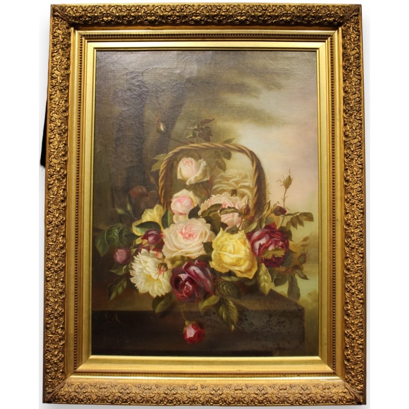 French Painting "Still Life, Basket of Flowers" signed LM: Oil on canvas "Still Life, Basket of Flowers" signed LMOrigin: FrancePeriod: 19th centuryMaterials: Oil on canvasDimensions: Ht 64 x 46 cmFrame dimensions: Ht 83 x 66 cm