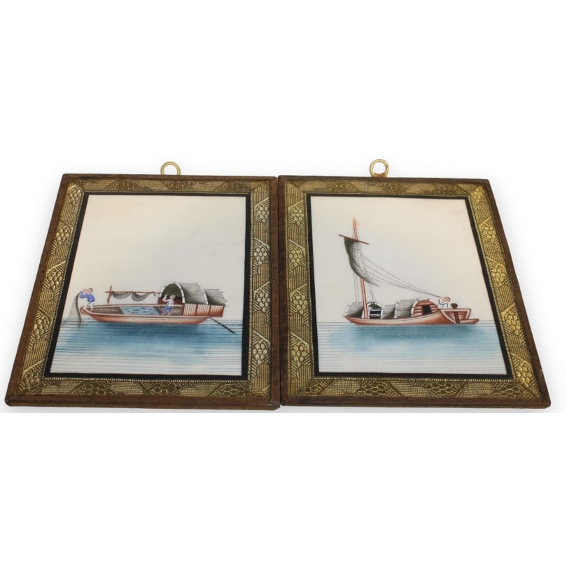 Pair of Chinese paintings "Boats": Pair of Chinese paintings "Boats"Provenance: Pastori CollectionOrigin: ChinaPeriod: 20th centuryMaterials: SilkDimensions: Ht 13 x 14.5 cm