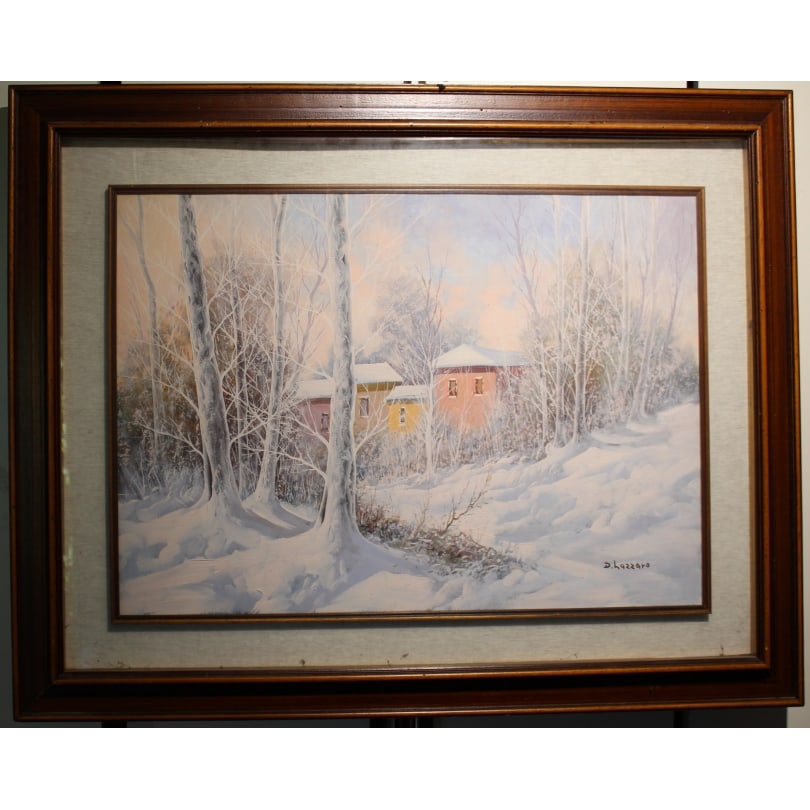 20th century Painting "Snowy Landscape" signed D. LAZZARO: Oil on canvas "Snowy Landscape", signed D. LAZZARO (Domenico Maria 1905-1968) 12.12.84, under glassOrigin: ItalyPeriod: 20th centuryMaterials: Oil on canvasDimensions: Ht 49 x 69 cmFrame dimensions: H