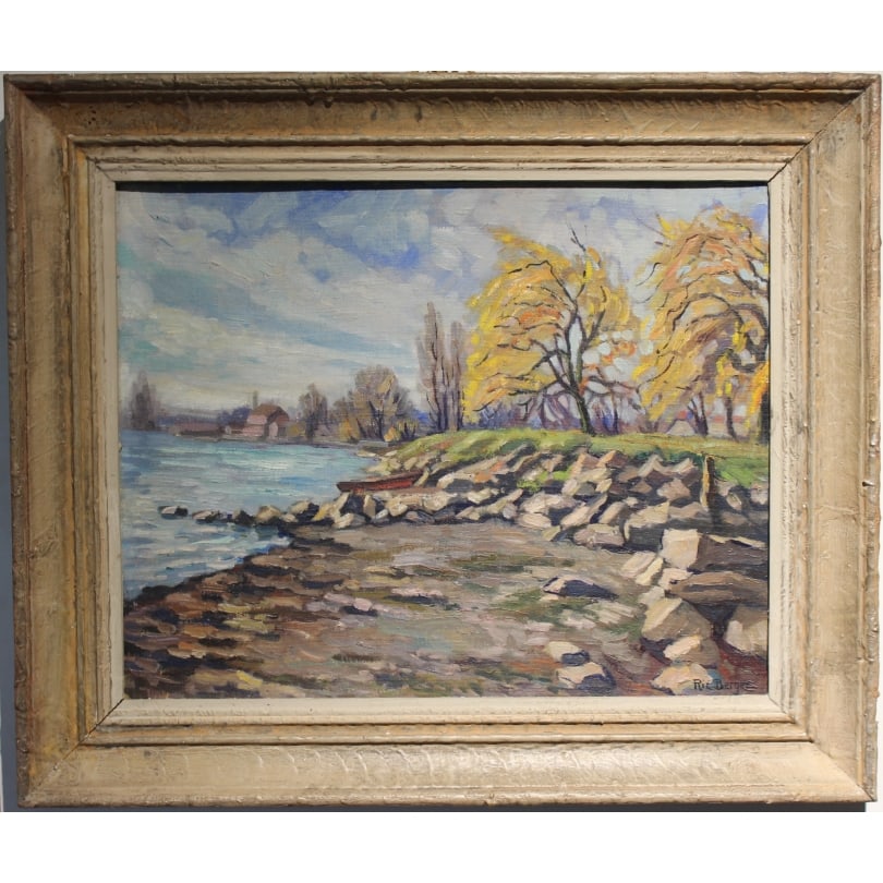 Swiss Painting "Morges" signed Ric BERGER: Oil on cardboard "Morges Le Bief" signed Ric BERGER (Richard 1894-1994) 1953Origin: SwitzerlandPeriod: 20th centuryMaterials: Oil on cardboardDimensions: Ht 40 x 50 cmFrame dimensions: Ht 54 x 64 cm