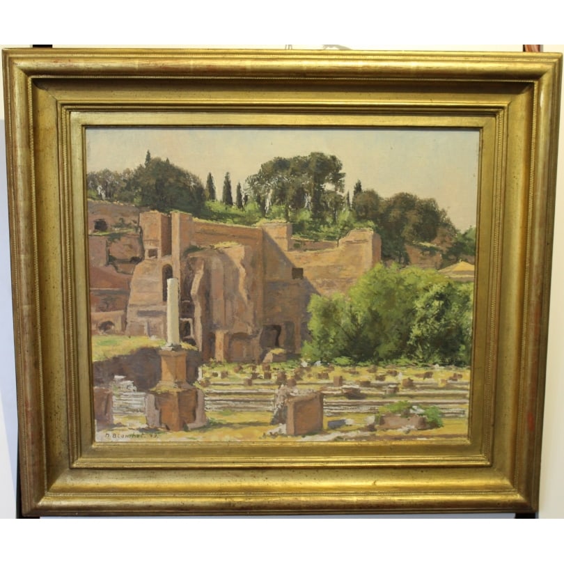 Swiss Painting "Ruins in Rome" signed M. BLANCHET 49: Oil on canvas "Ruins in Rome" signed M. BLANCHET 49 (Maurice 1916-1978)Origin: SwitzerlandPeriod: 20th centuryMaterials: Oil on canvasDimensions: Height 45 x 54 cm.Frame dimensions: Height 65 x 75 cm.