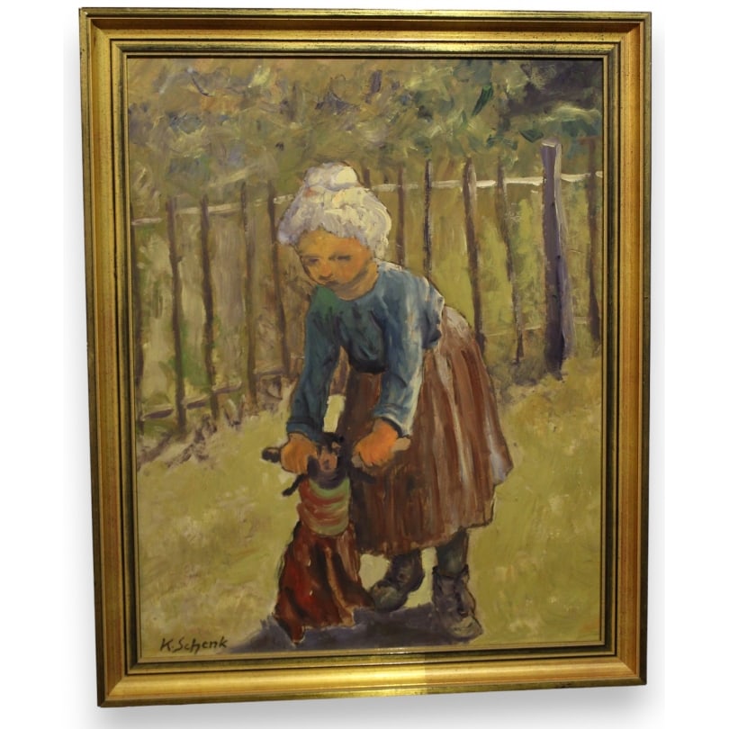 Painting "Child with Doll" signed K. SCHENK: Oil on canvas "Child playing with a doll" signed K. SCHENK (Karl 1905-1973)Origin: SwitzerlandPeriod: 20th centuryMaterials: Oil on canvasDimensions: Ht 48 x 38 cmFrame dimensions: Ht 56 x 46 cm