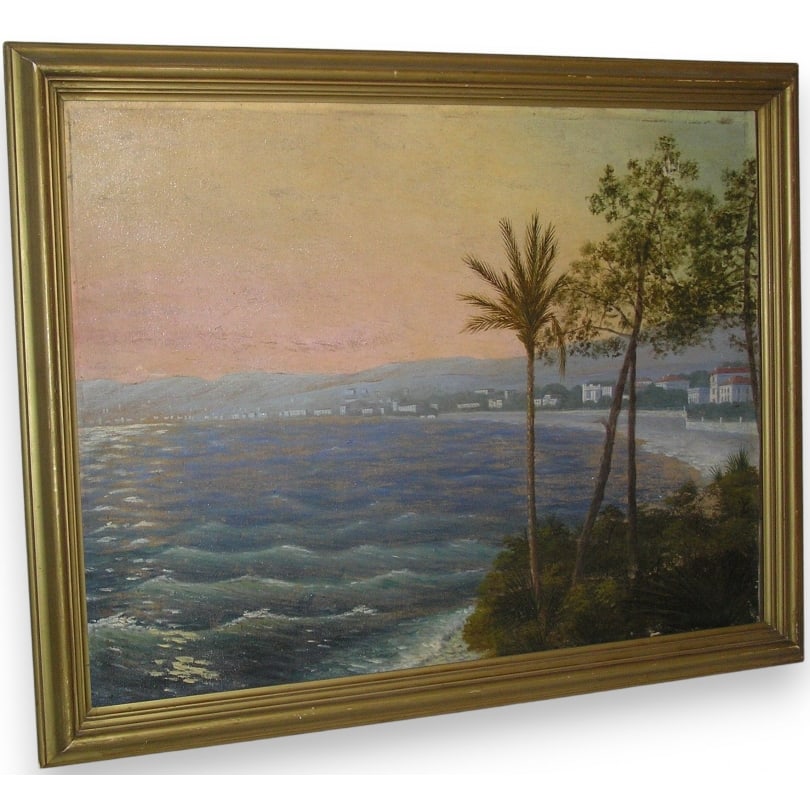 French Naïve oil painting on canvas mounted on canvas: Naïve oil painting on canvas mounted on board, "Mediterranean Coast - Palm Tree", unsigned. France. 19th century.Dimensions of the mounted oil painting: Ht 52cm x 69cm.Origin: FrancePeriod: 19th cent