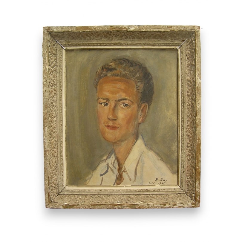 Swiss Painting "Portrait", oil on panel dated 1947: Painting "Portrait", oil on panel signed H. BAY, dated 1947,Hanni Bay (1885 - 1978)Origin: SwitzerlandPeriod: 20th centuryMaterials: Oil on panelDimensions: Ht 58.5 x 50 cm