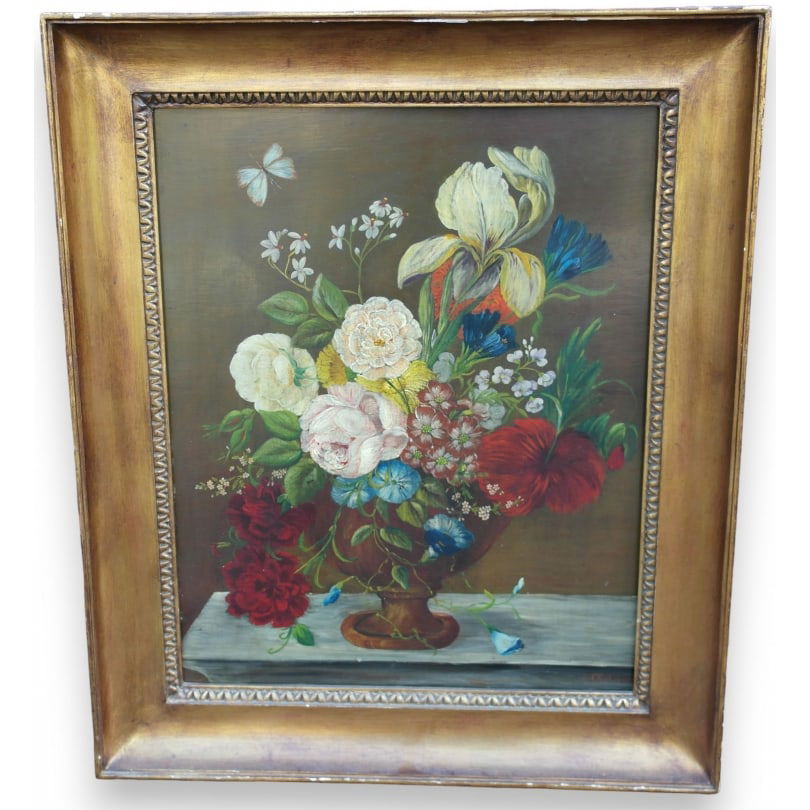 19th century Swiss Painting "Bouquet of Flowers": Oil on panel, Swiss "Bouquet of Flowers", signed P. RUCHONNETOrigin: SwitzerlandPeriod: 19th centuryMaterials: Oil on panelDimensions: Ht 65 x 53 cm