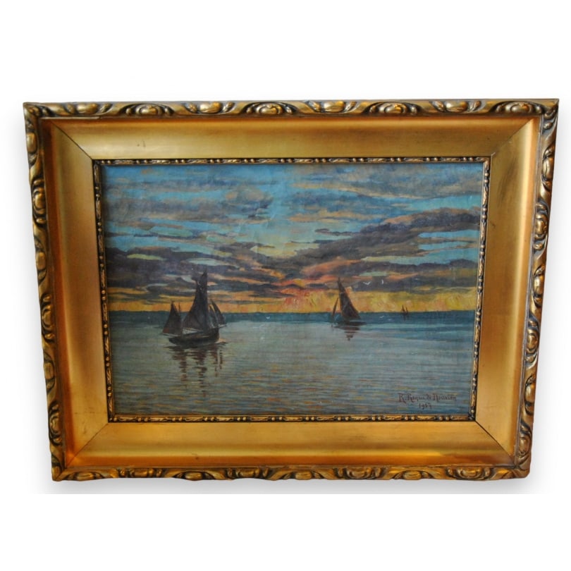 Antique French Oil on canvas "Boats" signed R. (1 of 3)