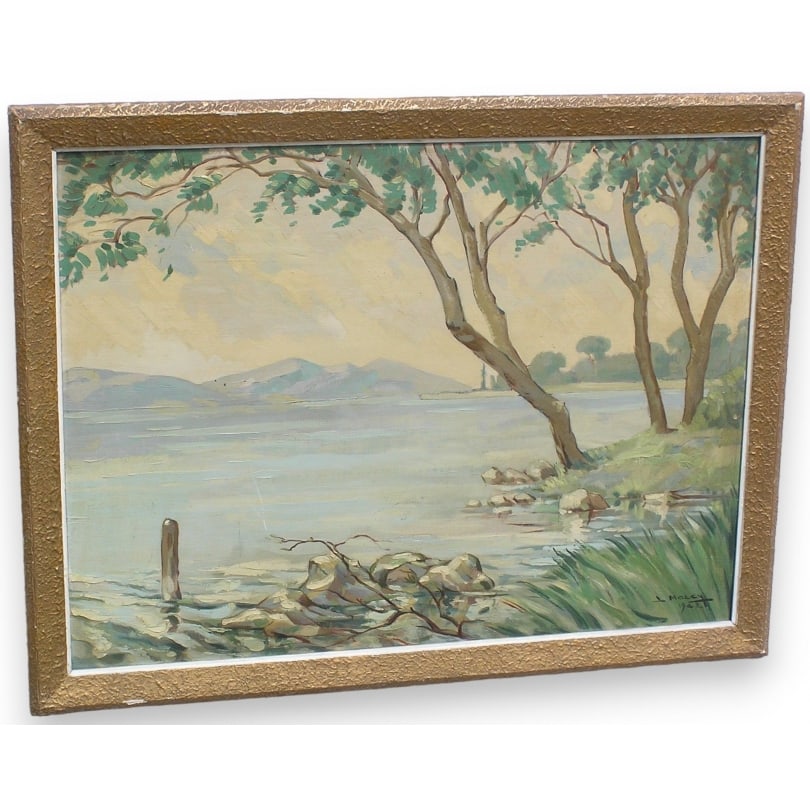 French Painting "Landscape and Lakeside" signed: Painting "Landscape and Lakeside" signed L. MARCY 1942Dimensions of the oil: 57cm x 77cm.Origin: FrancePeriod: 20th centuryMaterials: Oil on panelDimensions: Ht 67 x 86 cm