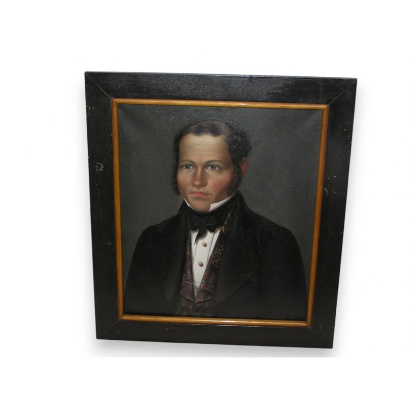 Swiss 19th century Painting "Portrait", oil on canvas: Painting "Portrait", oil on canvas signed on the back G. GIACOMETTI, dated 1842Origin: SwitzerlandPeriod: 19th centuryMaterials: Oil on canvasDimensions: Ht 48 x 42 cm