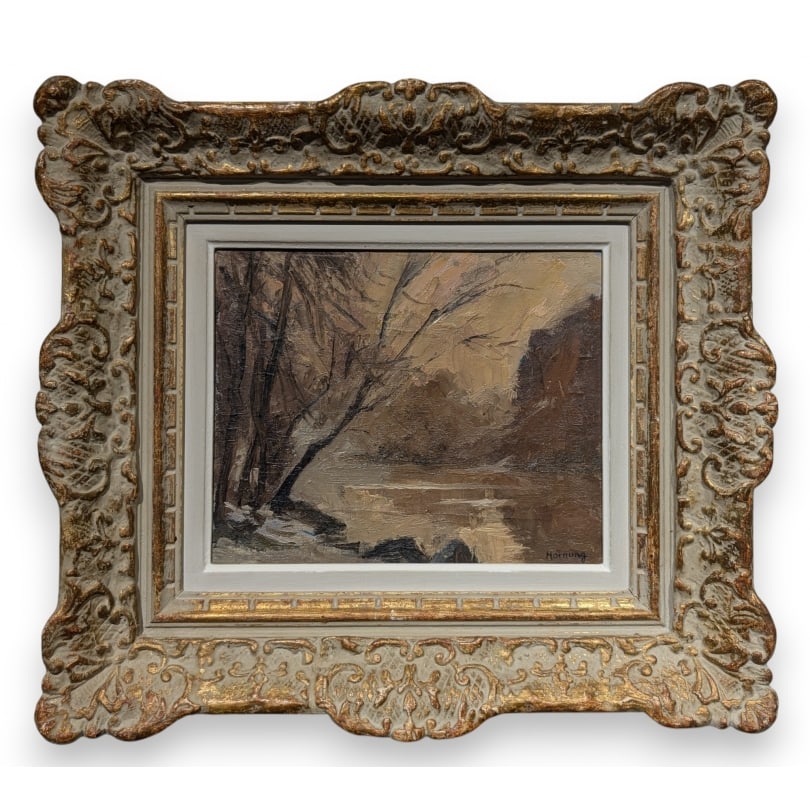Painting "Evening on the Banks of the Rhône" signed HORNUNG: Oil on cardboard "Evening on the banks of the Rhône, Willow Path" signed HORNUNG (Charles Émile Moïse 1883-1956)Thursday, February 13, 1947Origin: SwitzerlandPeriod: 20th centuryMaterials: Oil on c