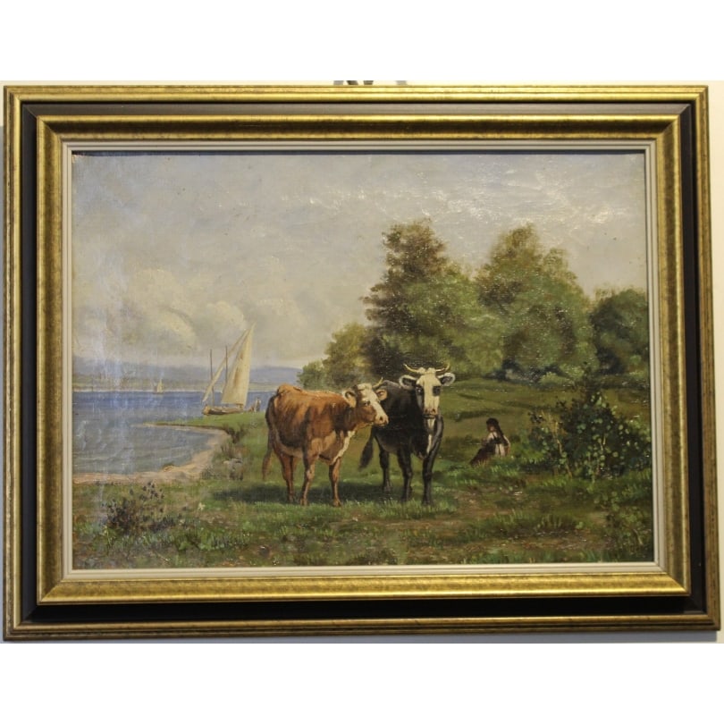 19th century Swiss Painting "Cows by the lake" signed: Oil on canvas "Cows on the shores of Lake Geneva at Genthod" signedOrigin: SwitzerlandPeriod: 19th centuryMaterials: Oil on canvasDimensions: Ht 23 x 32 cmFrame dimensions: Ht 31 x 40 cm