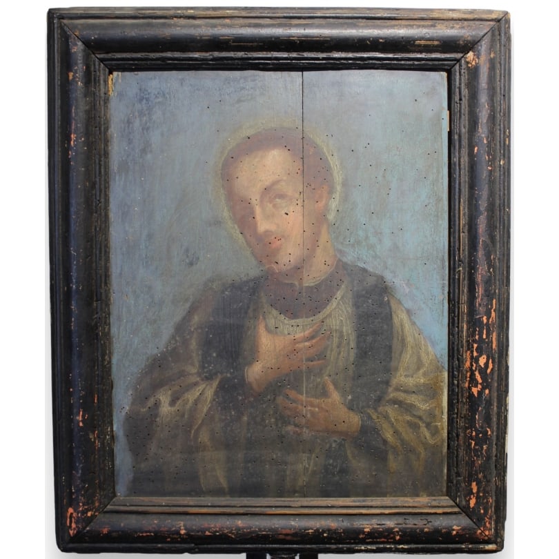 French 18th century Painting "Saint": Oil on wood "Saint"Origin: FrancePeriod: 18th centuryMaterials: Oil on woodDimensions: Ht 44 x 35 cmFrame dimensions: Ht 57 x 47 cm