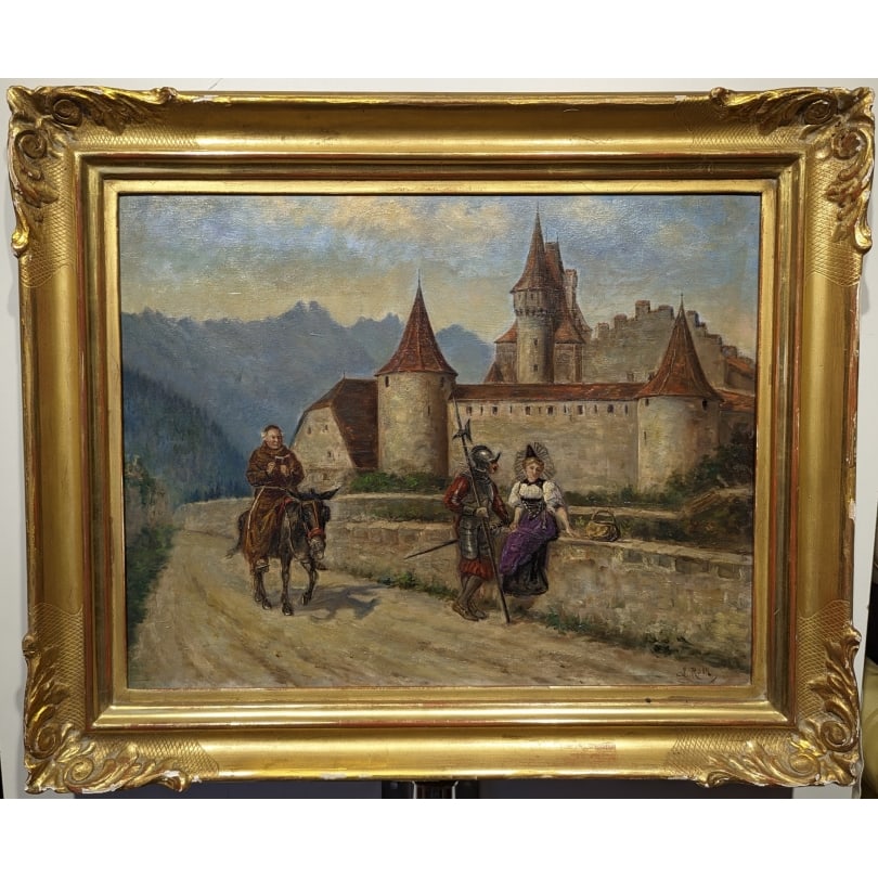 Swiss Painting "Eagle Castle" signed L. ROTH: Oil on wood "Aigle Castle with a monk on a donkey, and a romantic scene with a guard in armor" signed L. ROTHOrigin: SwitzerlandPeriod: Late 19th centuryMaterials: Oil on woodDimensions: Ht 35 x 45 cm