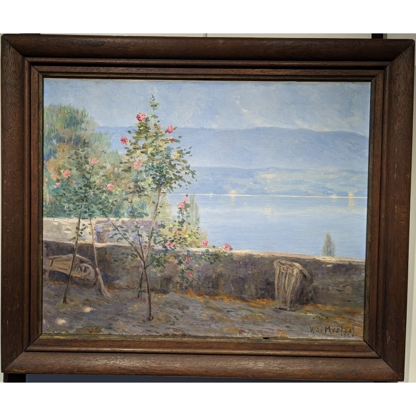 Antique Painting "Anières" signed V. DE MESTRAL 1920: Oil on canvas "Anières" signed V. DE MESTRAL 1920 (Victor -COMBREMONT 1864-1952)Origin: SwitzerlandPeriod: 20th centuryMaterials: Oil on canvasDimensions: Ht 50 x 63 cm.Frame dimensions: Ht 66 x 79 c