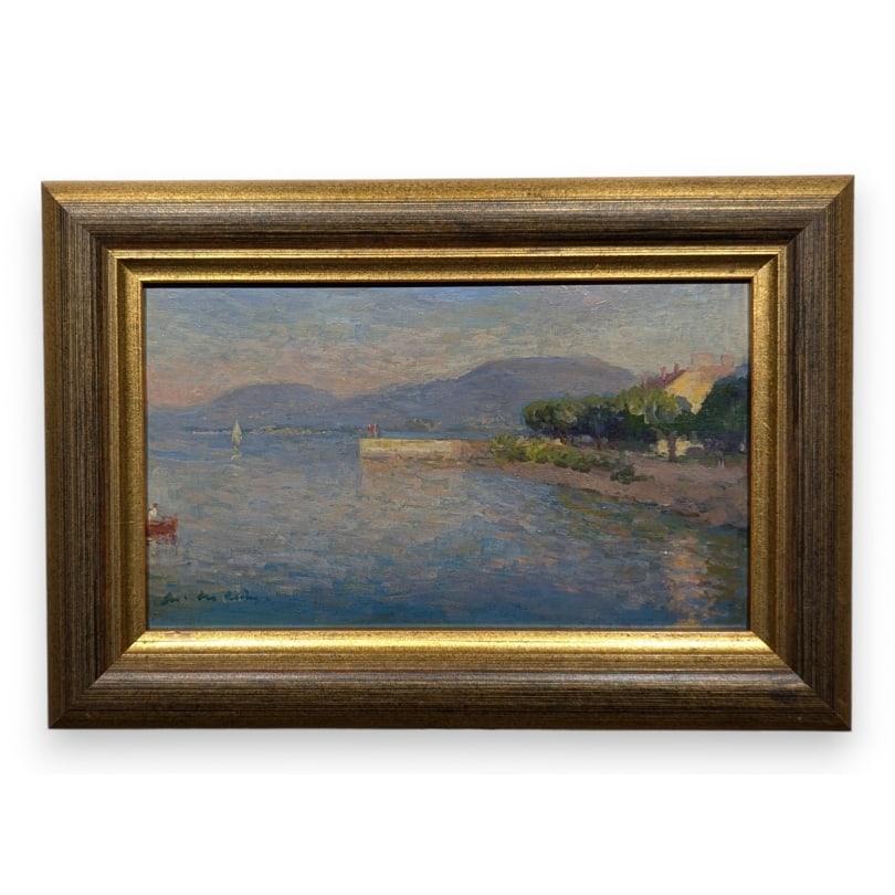 Swiss Painting "Neuchâtel" signed MATTHEY: Oil on wood "Neuchâtel", signed Octave MATTHEY (1888-1969)Origin: SwitzerlandPeriod: 20th centuryMaterials: Oil on woodDimensions: Ht 14.5 x 25 cm;Frame dimensions: Ht 22 x 31.5 cm