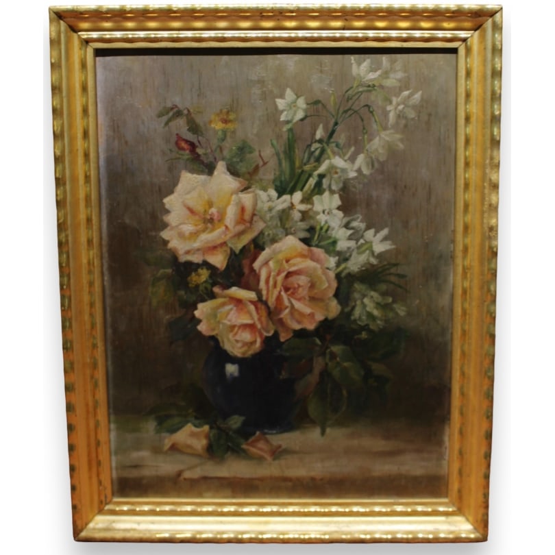 Antique French still life "Bouquet" painting: Oil on wood, still life "Bouquet", unsignedOrigin: FrancePeriod: Late 19th centuryMaterials: Oil on woodDimensions: Ht 50 x 38 cmFrame dimensions: Ht 60 x 47 cm
