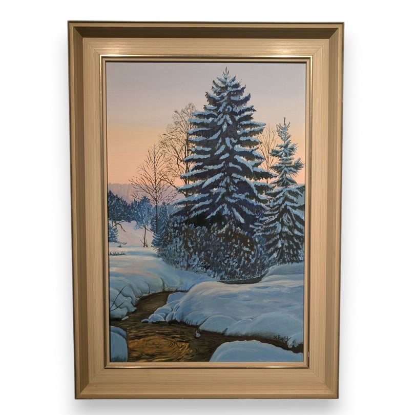 English Painting "Fir Tree in the Snow" signed H. RUDD 69: Oil on canvas "Fir tree under the snow" signed H. RUDD 69 (Helen 1933-1970)Origin: EnglandPeriod: 20th centuryMaterials: Oil on canvasDimensions: Ht 58 x 38 cmFrame dimensions: Ht 72 x 51 cm
