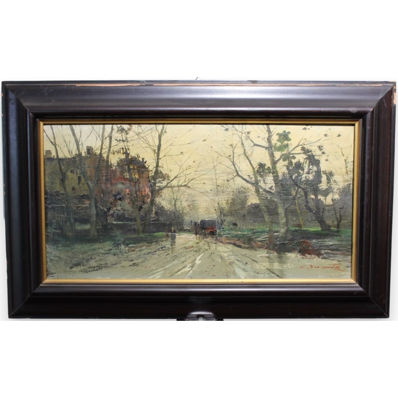 Painting "Lively Italian Landscape" signed E. BRIANTE: Oil on wood "Lively Italian Landscape" signed E. BRIANTE (Ezelino 1901-1971)Origin: ItalyPeriod: 20th centuryMaterials: Oil on woodDimensions: Ht 24 x 48 cmFrame dimensions: Ht 38 x 62 cm