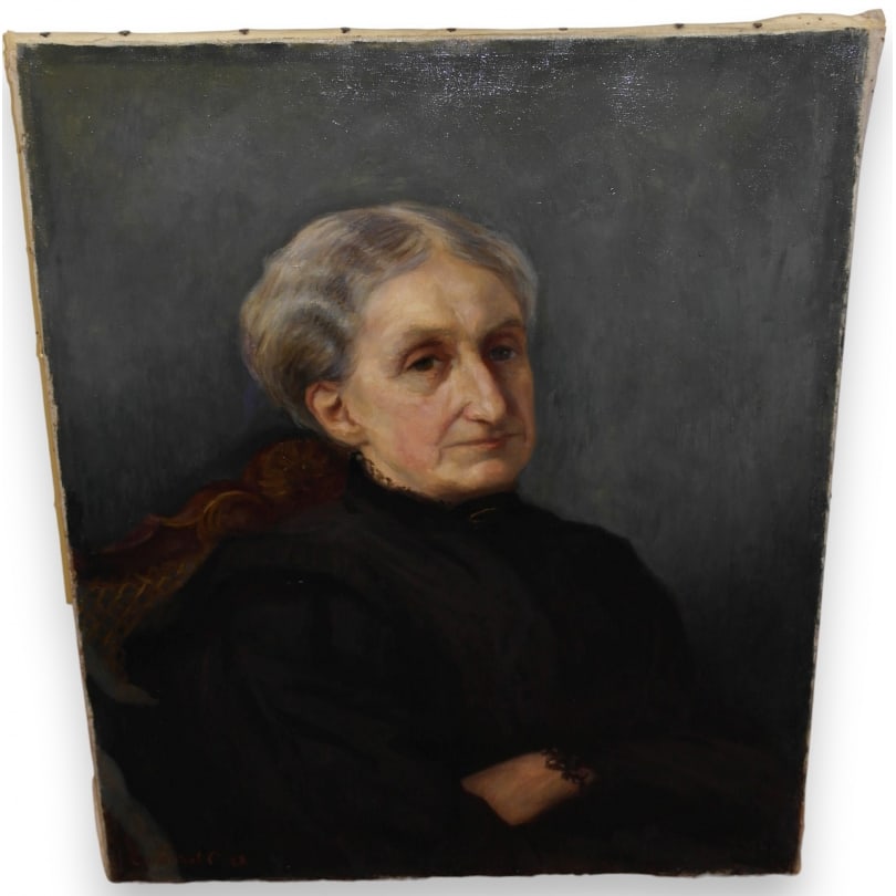 Antique Swiss Portrait of Emma Sophie Cécile SAUTTER: Portrait of Emma Sophie Cécile SAUTTER, daughter of Louis Frederic DE BLONAY, signed MESTRAL, 1898Victor DE MESTRAL-COMBREMONT (1864-1952)Origin: SwitzerlandPeriod: 19th centuryMaterials: Oil on canv