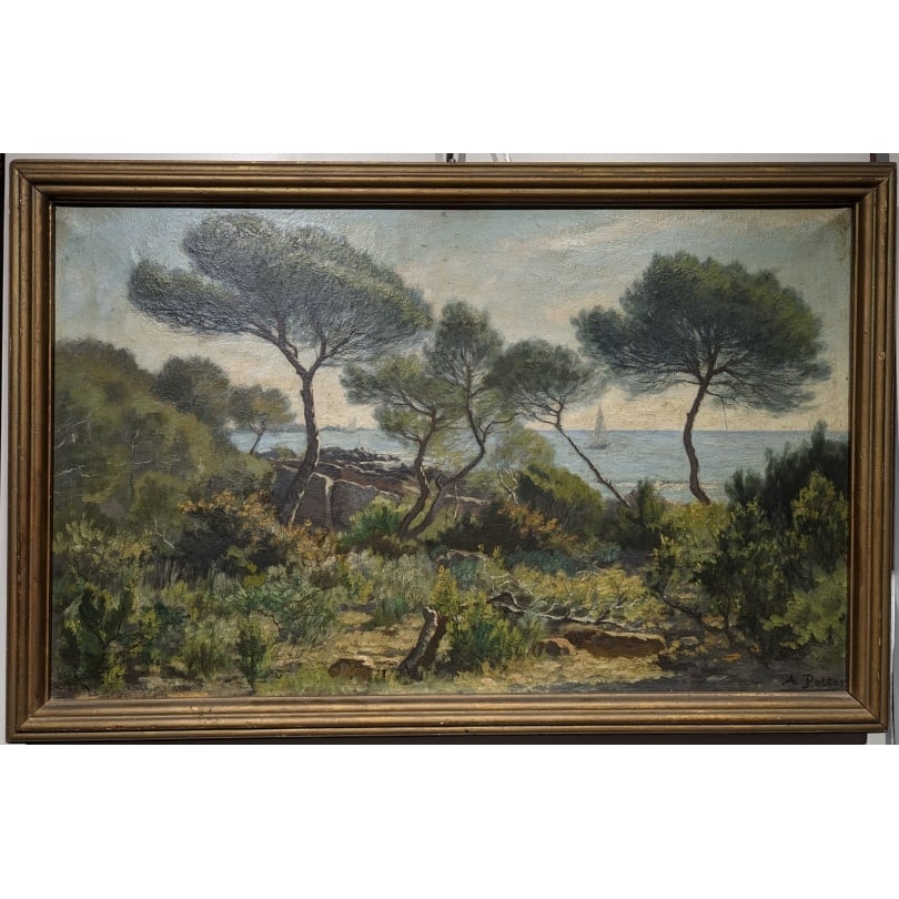 19th century Painting "Mediterranean Landscape" signed A. Potter: Oil on canvas "Mediterranean Landscape" signed A POTTER (Adolphe 1835-1911)Origin: SwitzerlandPeriod: 19th centuryMaterials: Oil on canvasDimensions: Ht 37 x 60 cm.Frame dimensions: Ht 44 x 66 cm.