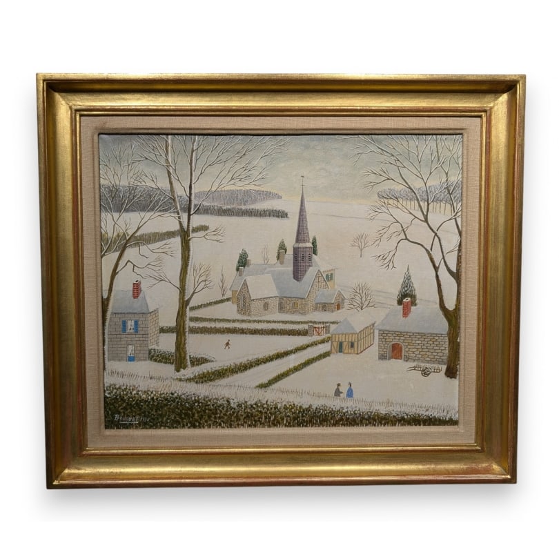 French Painting "Church under the Snow" signed BOUQUET 75: Naive oil painting on canvas "Church under the snow, Normandy" signed BOUQUET 1975 (André 1897-1987)Origin: FrancePeriod: 20th centuryMaterials: Oil on canvasDimensions: Ht 37 x 45 cmFrame dimensions