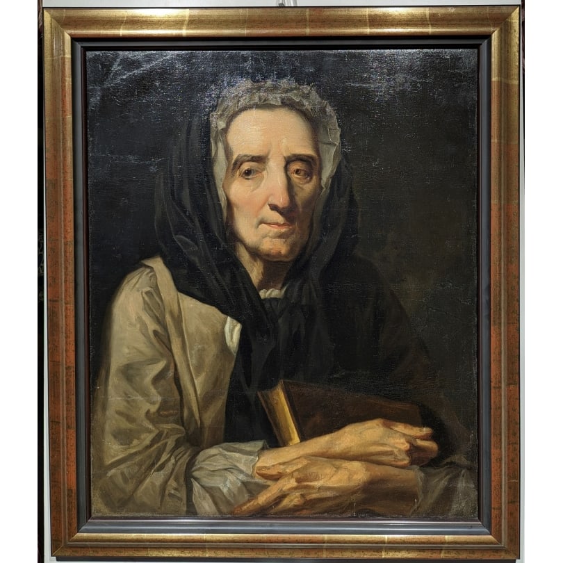 French 19th century Painting "Portrait of a Woman Holding a Book": Oil on canvas "Portrait of a woman holding a book"Origin: FrancePeriod: 19th centuryMaterials: Oil on canvasDimensions: Ht 65 x 53 cmFrame dimensions: Ht 77 x 66 cm