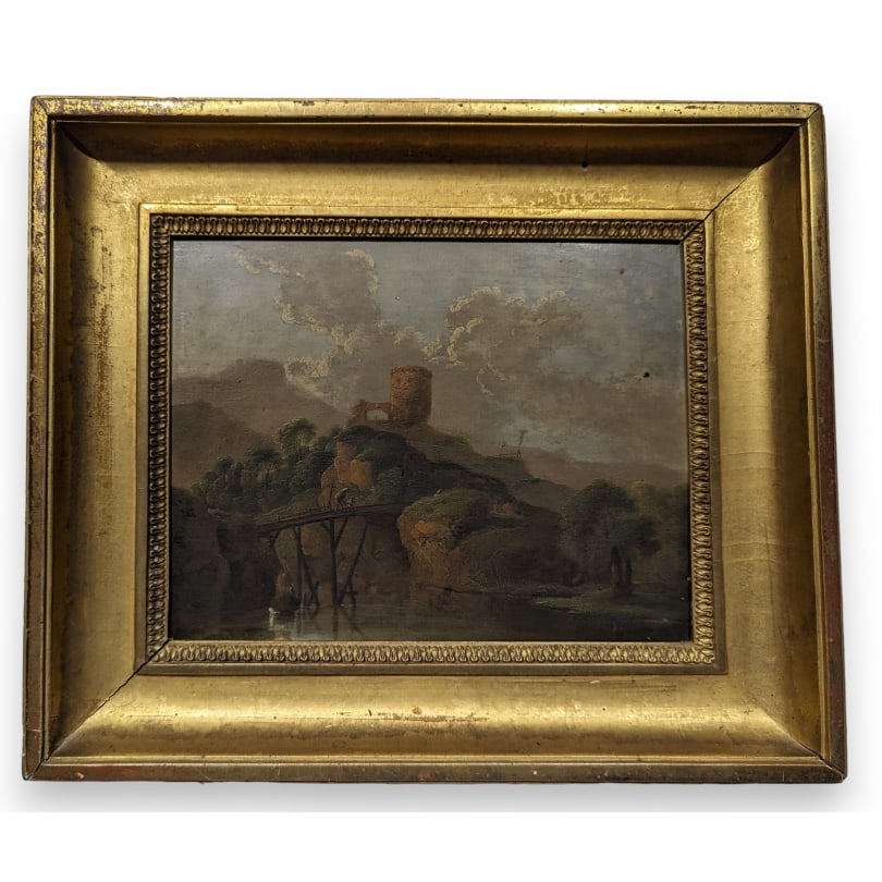 German Painting "Castle Ruins" by Madame Wagner: Oil on wood "Castle Ruins" old attribution to Madame WAGNER (Élise PUYROCHE-WAGNER 1828-1895)Origin: GermanyPeriod: 19th centuryMaterials: Oil on woodDimensions: Ht 18 x 23 cmFrame dimensions: Ht 28