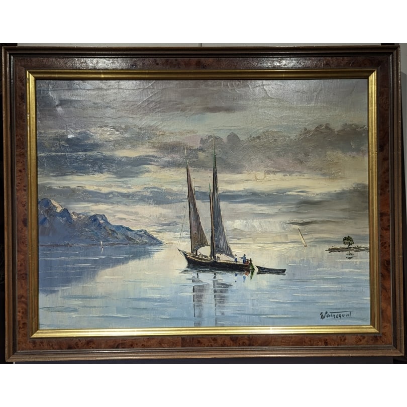 Painting "Boat on Lake Geneva" signed G. PEITREQUIN: Oil on canvas "Boat on Lake Geneva" signed G. PEITREQUIN (Gaston Robert 1915-1990)Origin: SwitzerlandPeriod: 20th centuryMaterials: Oil on canvasDimensions: Ht 45 x 60 cm.Frame dimensions: Ht 55 x 70
